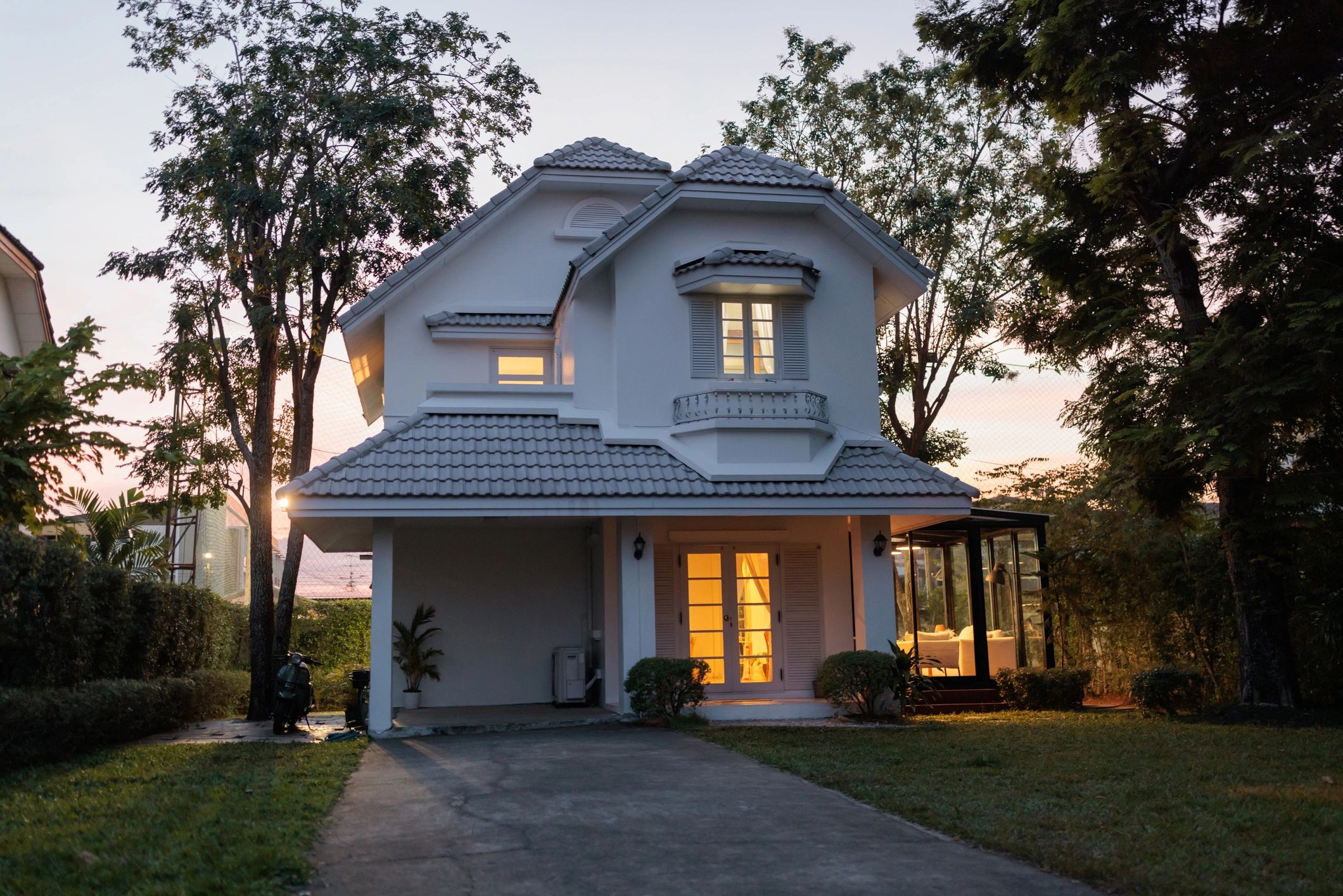 Suburban home exterior at dusk